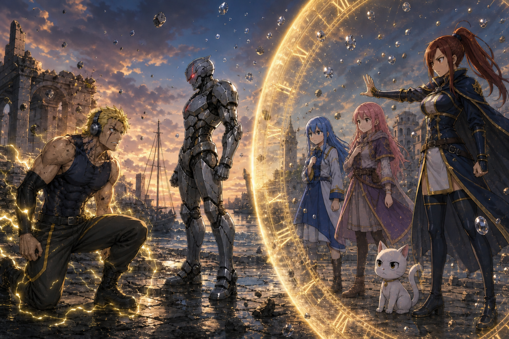 Laxus struggles against Wahl as Wendy, Chelia, and Carla stand frozen within Dimaria's silent time field at Hargeon in an original Fairy Tail Episode 298 fan editorial image