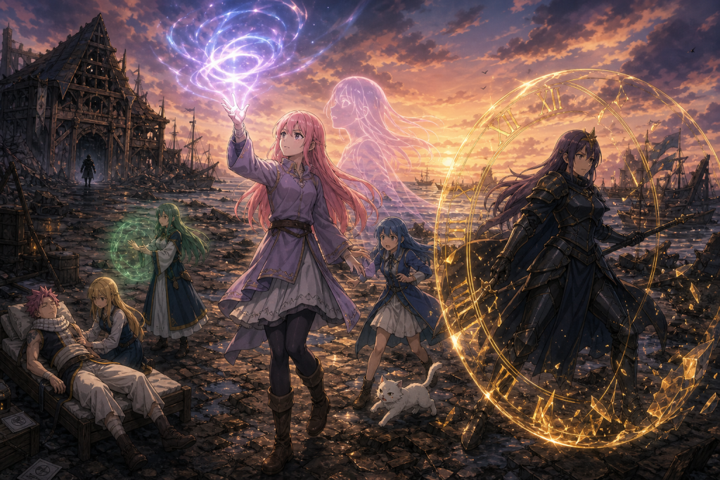 Chelia confronts Dimaria with Third Origin as Wendy and Carla support her and Natsu recovers nearby in an original Fairy Tail Episode 299 fan editorial image
