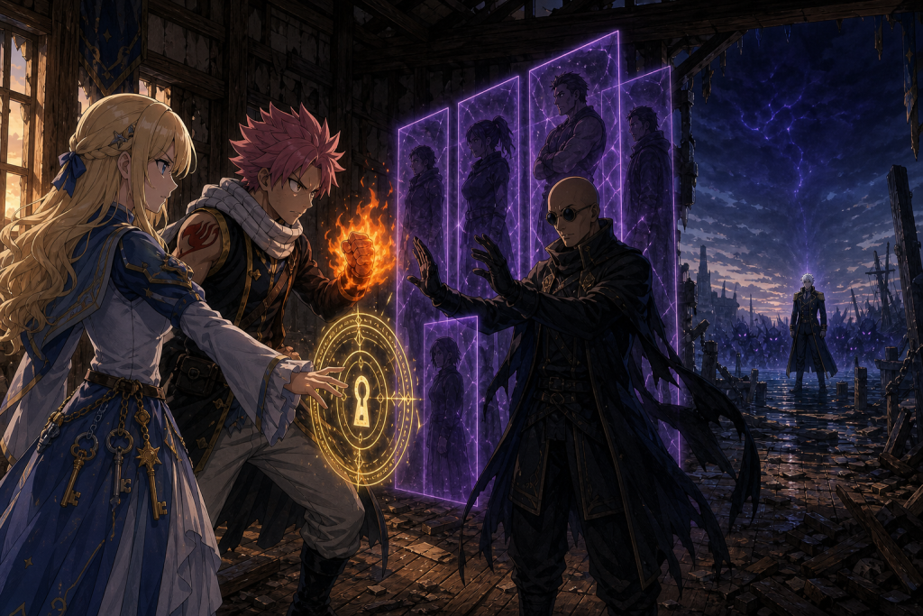 Lucy and Natsu confront Jacob before awake guild members held in spatial panels as Neinhart gathers distant shadow forms in an original Fairy Tail Episode 300 fan editorial image