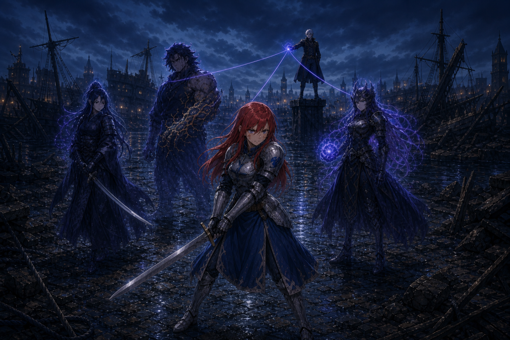 Injured Erza faces three indigo Historia reconstructions controlled by Neinhart at Hargeon in an original Fairy Tail Episode 301 fan editorial image
