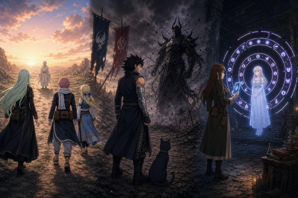 Brandish leads Natsu and Lucy toward August as Gajeel and Panther Lily face Bloodman and Cana considers Mavis's three-ring seal request in an original Fairy Tail Episode 302 fan editorial image