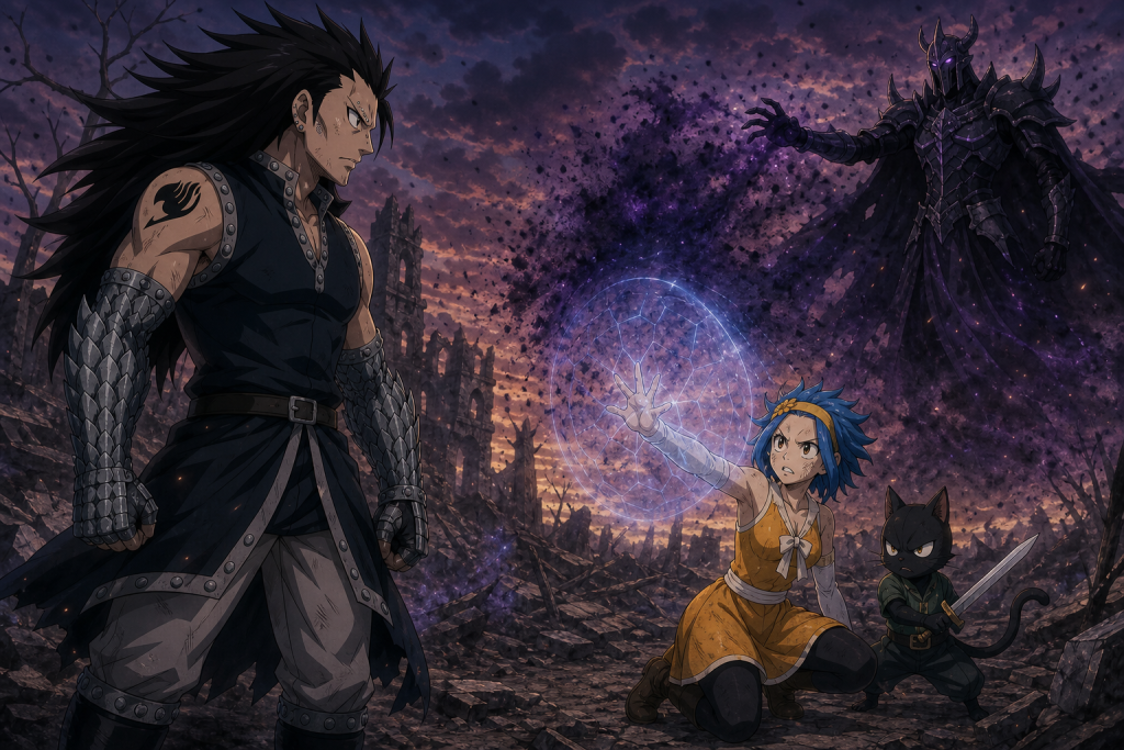 Levy actively raises a barrier while Gajeel and Panther Lily confront Bloodman's Bane Particle haze in an original Fairy Tail Episode 303 fan editorial image