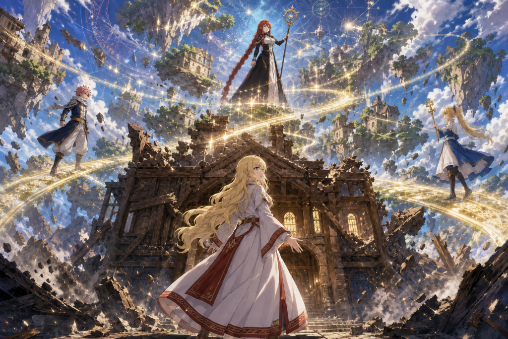 Mavis stands at the guild threshold as Irene reconstructs Fiore and separates Natsu and Lucy across luminous routes in an original Fairy Tail Episode 304 fan editorial image