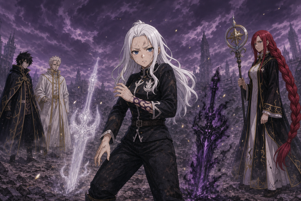 Exhausted Mirajane faces Irene's approach as two weapon forms fade and Zeref stands with pale-haired Larcade in an original Fairy Tail Episode 305 fan editorial image
