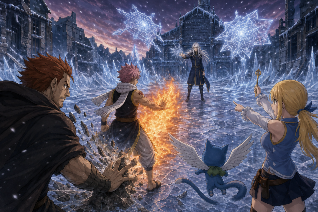 Gildarts braces a safe path as Natsu, Lucy, and Happy advance across Invel's frozen Magnolia in an original Fairy Tail Episode 306 fan editorial image