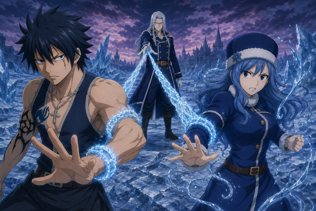 Gray and Juvia consciously pull away from separate Ice Lock restraints controlled by Invel in an original Fairy Tail Episode 307 fan editorial image