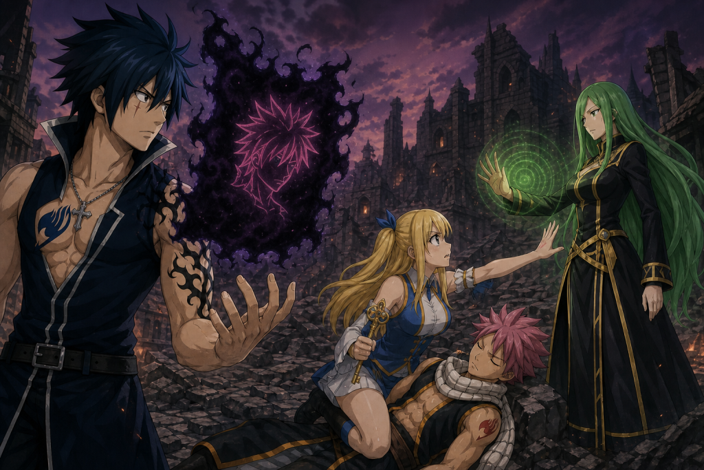 Gray faces an abstract E.N.D. identity seal while Lucy protects collapsed Natsu and appeals to Brandish in an original Fairy Tail Episode 308 fan editorial image