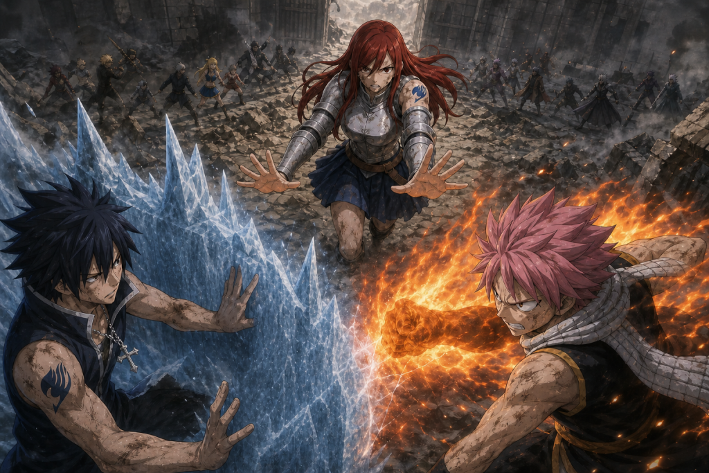 Exhausted Erza reaches both open hands between Gray's architectural ice and Natsu's restrained fire in an original Fairy Tail Episode 309 fan editorial image