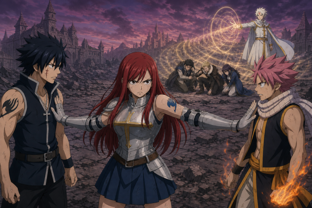 Erza keeps Gray and Natsu separated while Larcade's pale-gold magic reaches adult allies supporting one another in an original Fairy Tail Episode 310 fan editorial image
