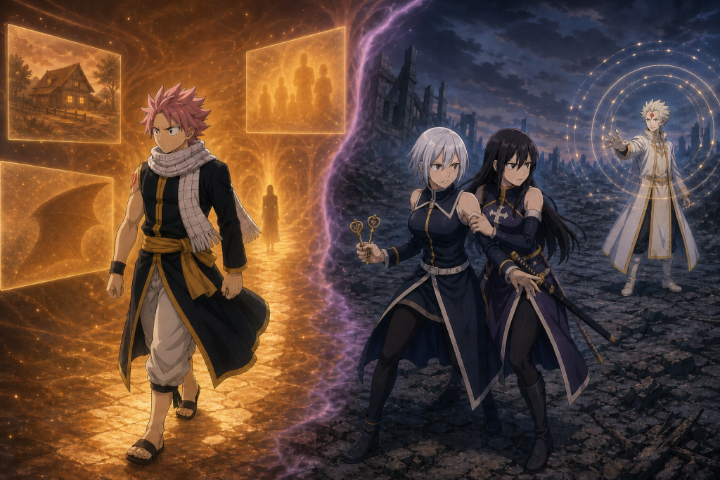 Natsu walks an abstract inner memory path while Yukino and Kagura support one another against Larcade's pale rings in an original Fairy Tail Episode 311 fan editorial image