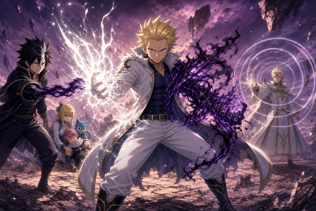 Rogue passes shadow magic to Sting against Larcade while Lucy and Happy protect unconscious Natsu in an original Fairy Tail Episode 312 fan editorial image