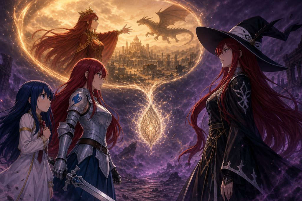 Irene faces Erza and Wendy beside a glowing seed as a translucent Queen Irene reaches toward one allied dragon in an original Fairy Tail Episode 313 fan editorial image