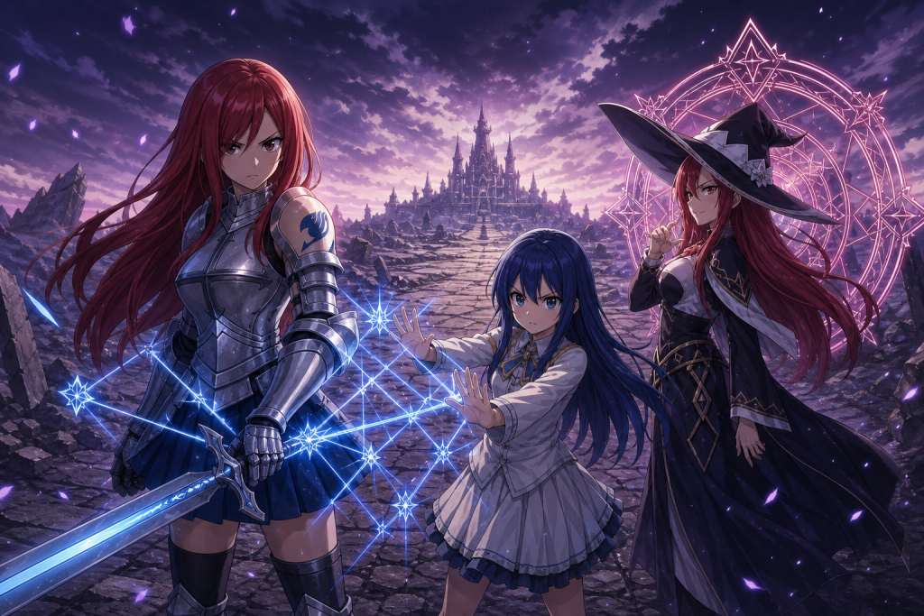 Wendy forms a blue enchantment lattice around Erza's sword as they face Irene's structured crimson-violet circle in an original Fairy Tail Episode 314 fan editorial image