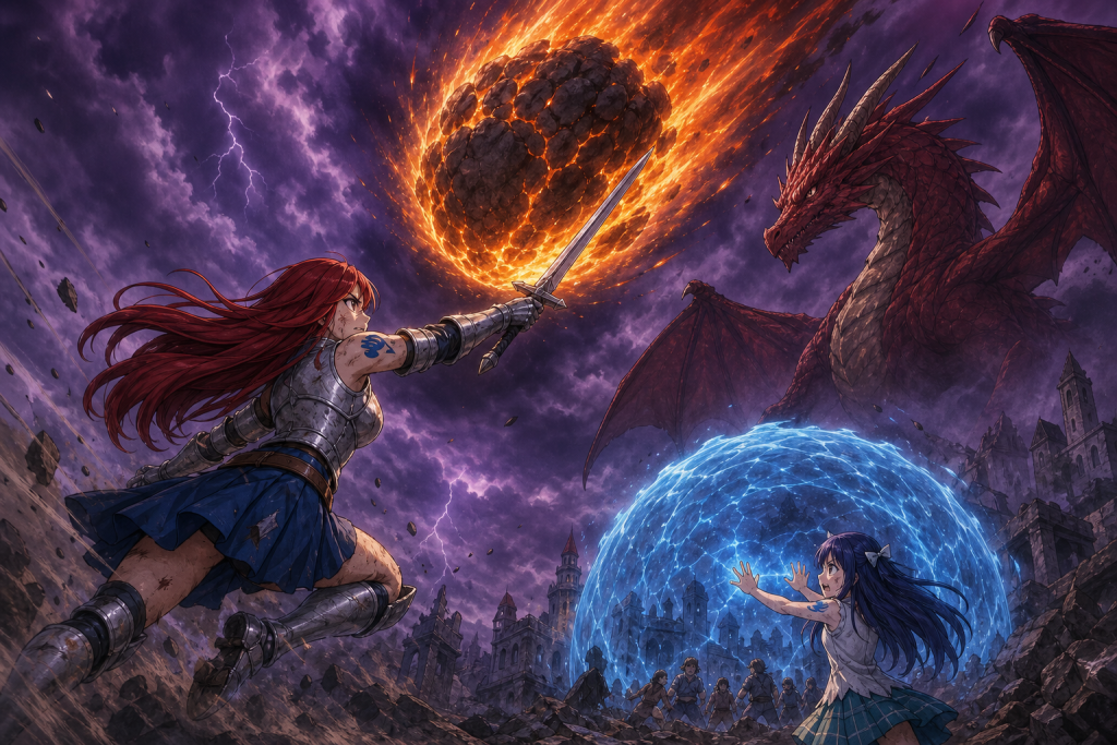 Injured Erza launches toward Irene's falling meteor while Wendy shields distant allies beneath dragon-form Irene in an original Fairy Tail Episode 315 fan editorial image