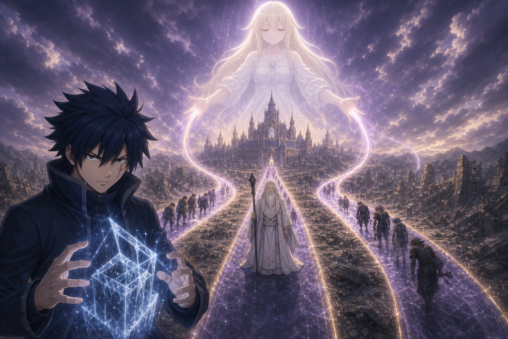 Mavis directs three routes toward restored Magnolia as August waits and Gray forms an incomplete ice-seal geometry in an original Fairy Tail Episode 316 fan editorial image