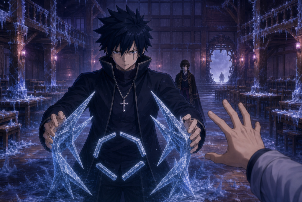 Gray forms open incomplete ice geometry before Zeref as an anonymous ally's hand reaches to interrupt him in an original Fairy Tail Episode 317 fan editorial image