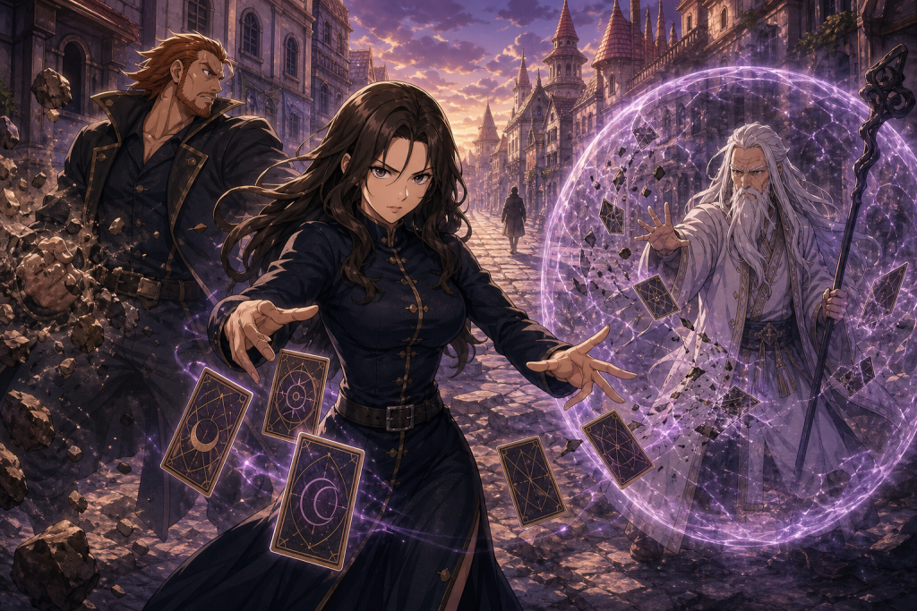 Cana directs abstract cards as Gildarts turns toward her signal and August neutralizes magic inside a transparent sphere in an original Fairy Tail Episode 318 fan editorial image