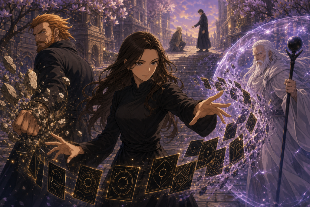 Cana directs Gildarts toward August's weakening field while distant Larcade kneels before Zeref in an original Fairy Tail Episode 319 fan editorial image