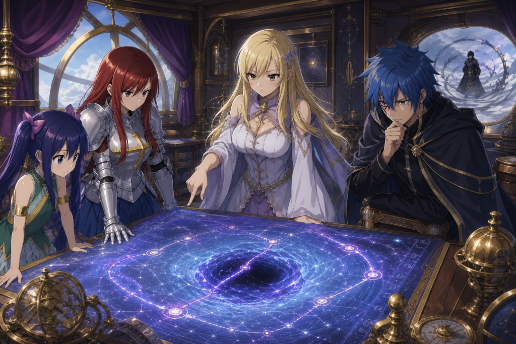 Anna Heartfilia explains a glowing time-rift map aboard Christina while Wendy, Erza, and Jellal assess the plan in Fairy Tail Episode 320.