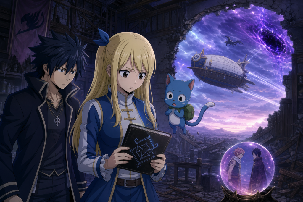 Lucy protects the Book of E.N.D. as Christina races toward a violet time rift with Acnologia pursuing in Fairy Tail Episode 321.