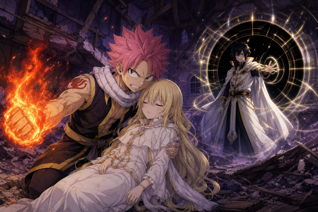 Natsu shields a fallen Mavis and drives a concentrated fire attack toward Fairy Heart empowered Zeref in Fairy Tail Episode 322.