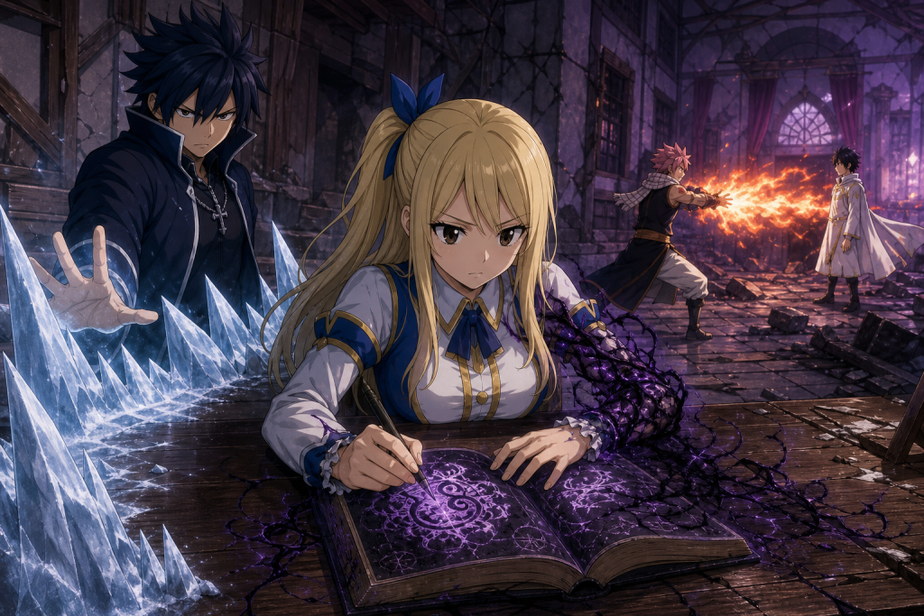 Lucy rewrites the Book of E.N.D. as dark corruption reaches one arm while Natsu’s dragon fire confronts Zeref in Fairy Tail Episode 323.