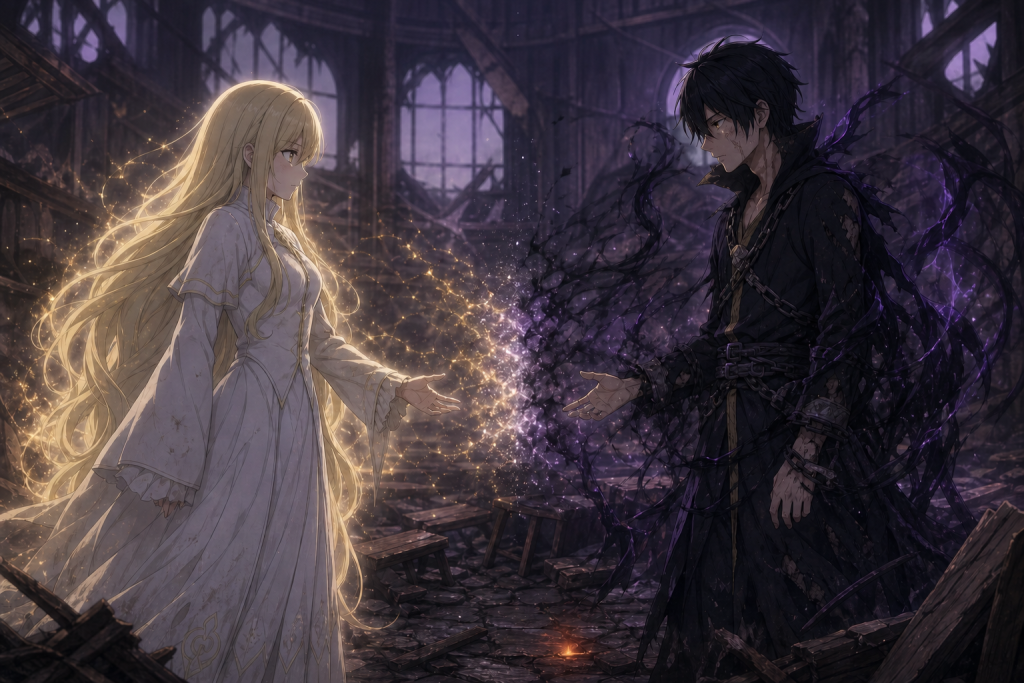 Mavis and a defeated Zeref face each other inside the ruined Fairy Tail guild as their opposing curse magic begins to fade in Episode 324.
