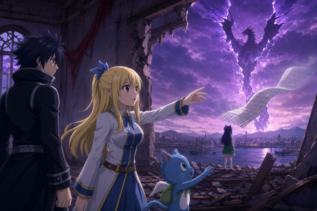 Lucy reaches toward Natsu’s fading scarf while Wendy watches a violet fracture split the sky above Hargeon in Fairy Tail Episode 325.