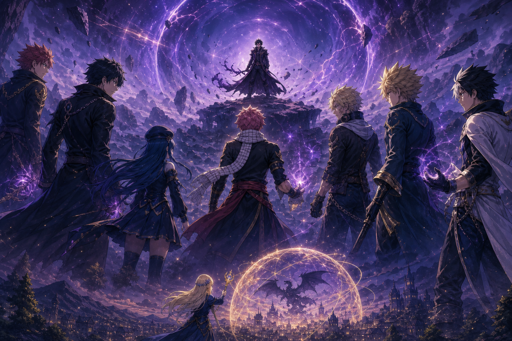 Seven Dragon Slayers form a coordinated ring around Acnologia’s spirit while Lucy’s coalition restrains the physical dragon in Fairy Tail Episode 326.