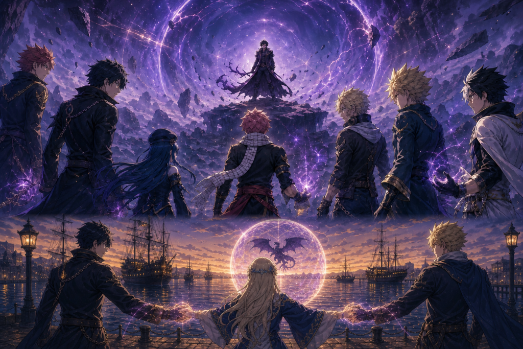 Lucy leads a hand-linked coalition casting a plum-gold containment sphere while seven Dragon Slayers face Acnologia’s spirit in Fairy Tail Episode 327.