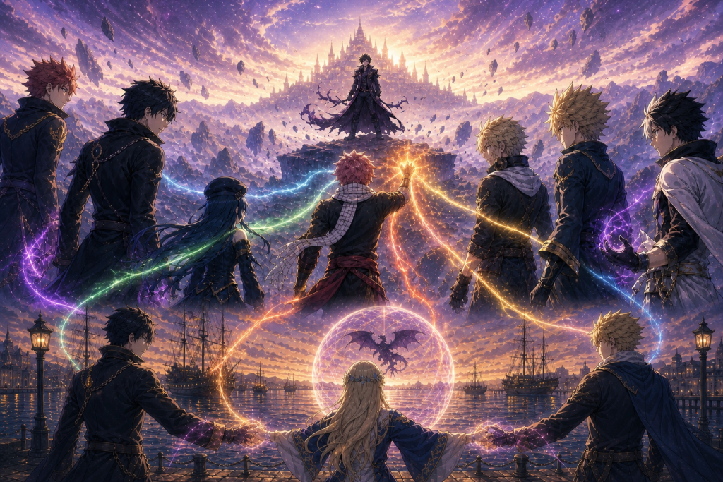 Lucy anchors Fairy Sphere at Hargeon while seven Dragon Slayers combine their power around Natsu’s final strike in Fairy Tail Episode 328.