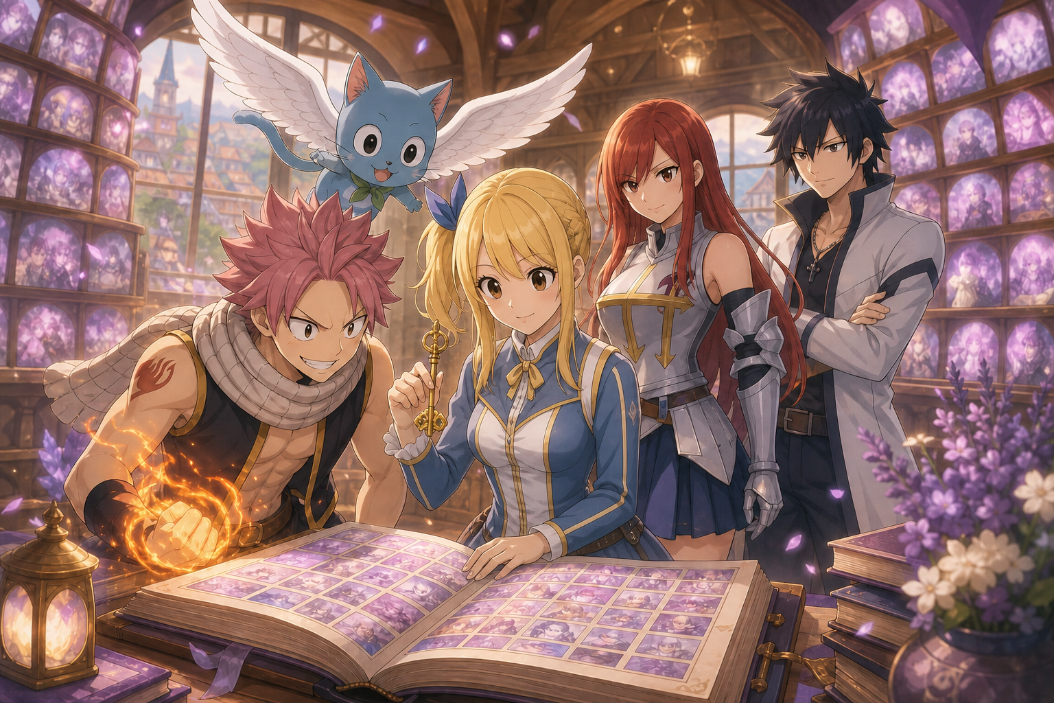 Lucy, Natsu, Happy, Erza and Gray explore the Fairy Tail episode archive