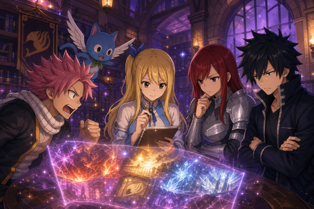 Lucy, Natsu, Happy, Erza and Gray review magical episode memories inside the Fairy Tail guild hall