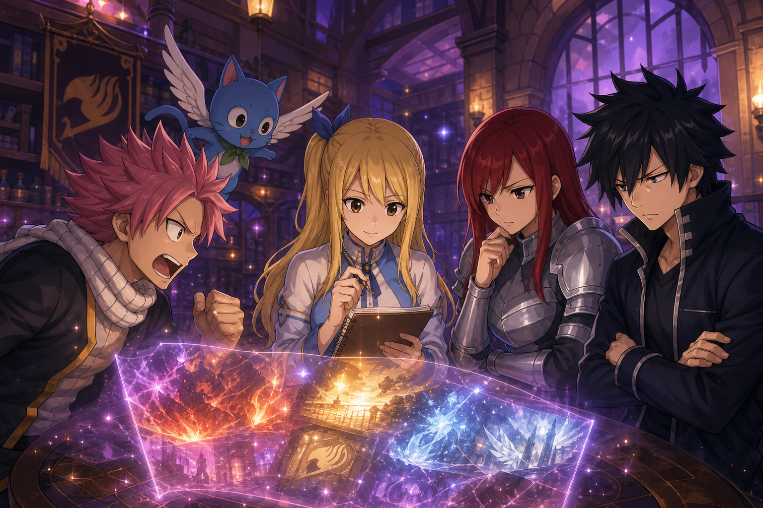 Lucy, Natsu, Happy, Erza and Gray review magical episode memories inside the Fairy Tail guild hall