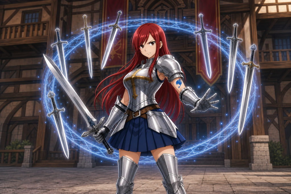 Erza Scarlet uses Requip magic inside the Fairy Tail guild hall