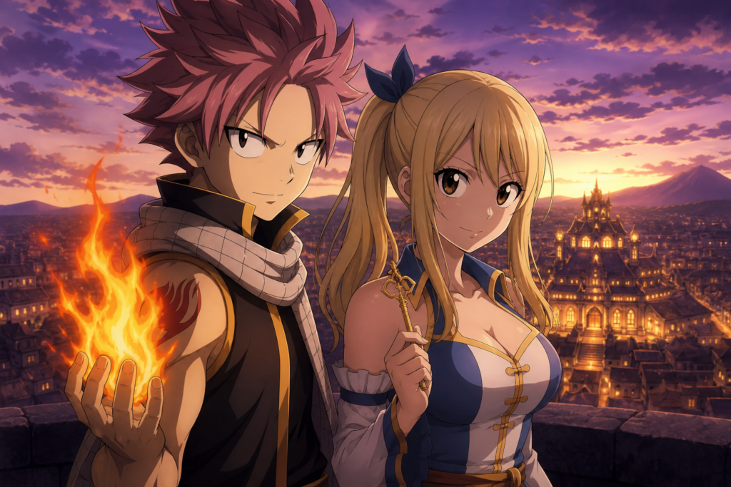 Natsu and Lucy overlook Magnolia during the Fairy Tail Final Series in original fan art