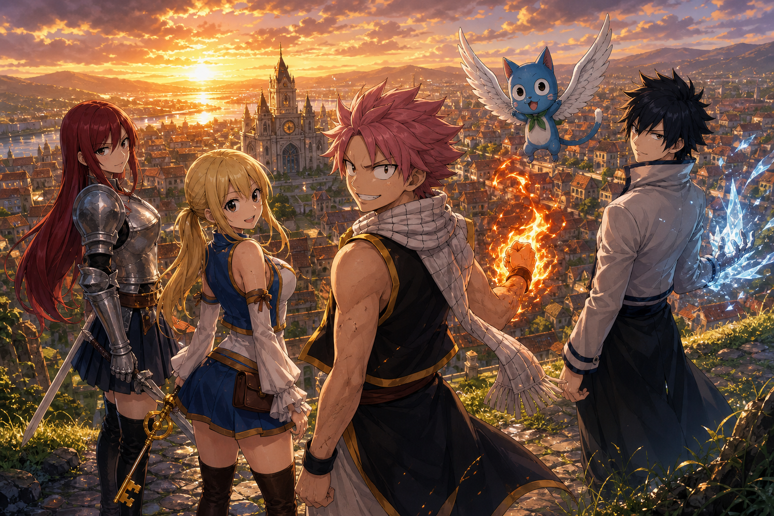 Natsu, Lucy, Erza, Gray and Happy overlook Magnolia in original Fairy Tail fan art