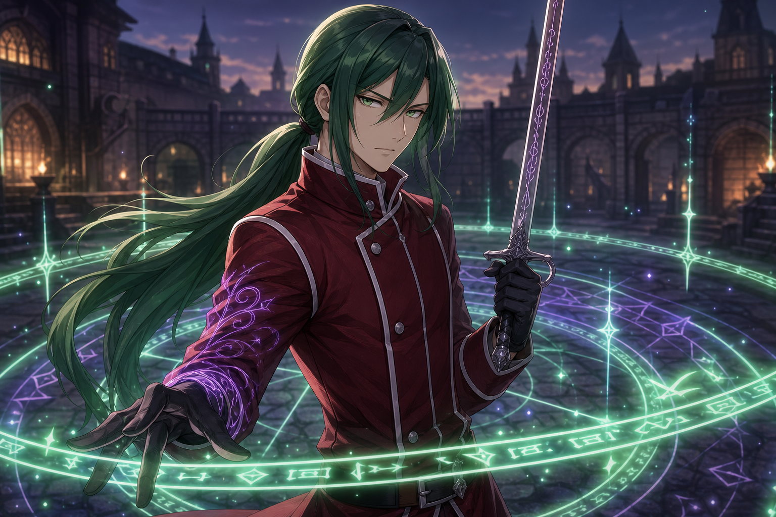 Freed Justine draws a glowing enchantment boundary with his rune sword