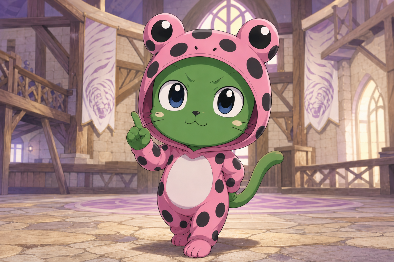 Frosch in a pink frog suit inside the Sabertooth guild hall