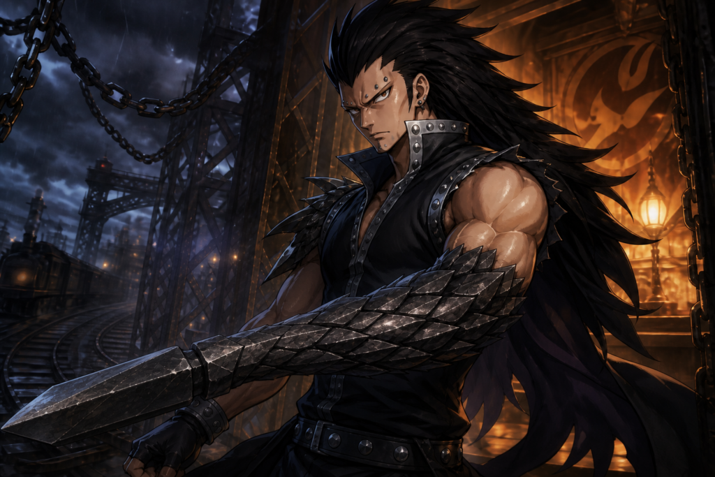 Gajeel Redfox transforms one arm into an iron-scaled weapon