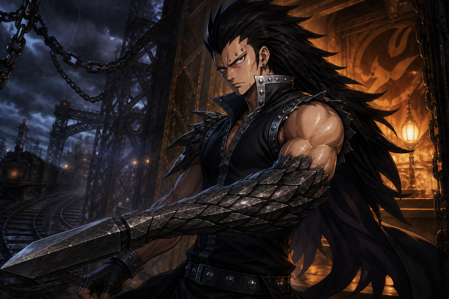 Gajeel Redfox transforms one arm into an iron-scaled weapon