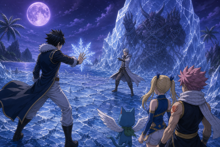 Gray confronts Lyon before the ice-sealed demon Deliora while Natsu, Lucy, and Happy watch on Galuna Island