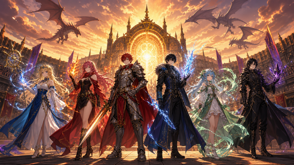 Fairy Tail competitors stand in the Grand Magic Games arena before the glowing Eclipse Gate and approaching dragons