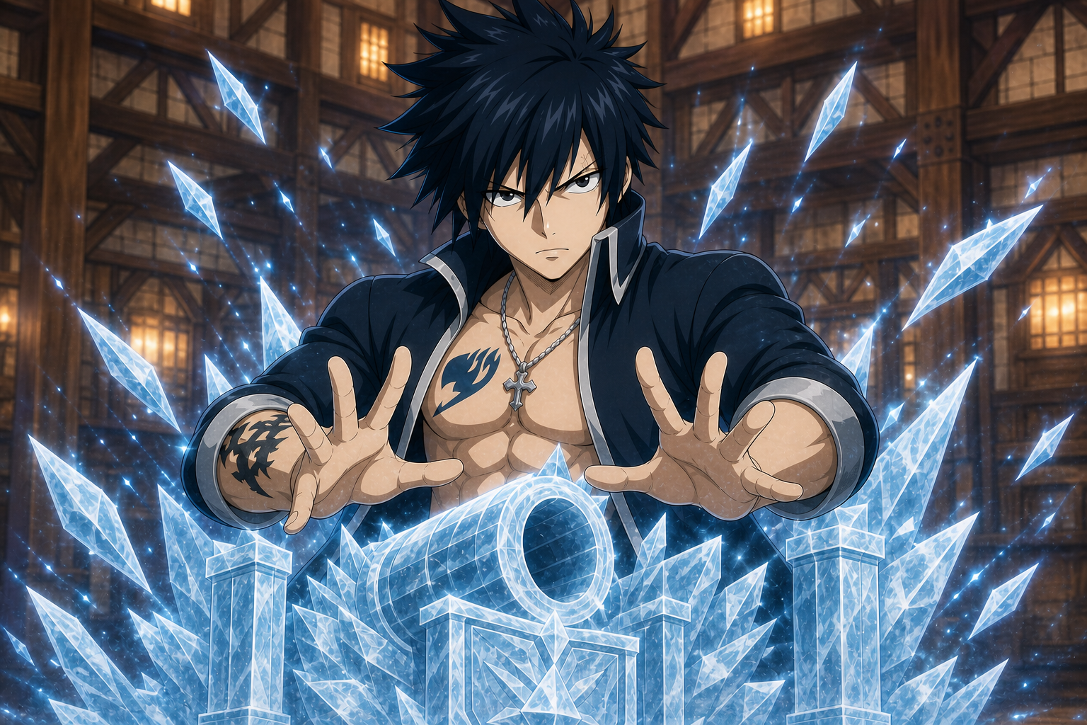 Gray Fullbuster shapes Ice-Make magic inside the Fairy Tail guild hall