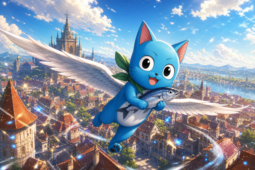 Happy flies above Magnolia carrying a fish in original Fairy Tail fan art