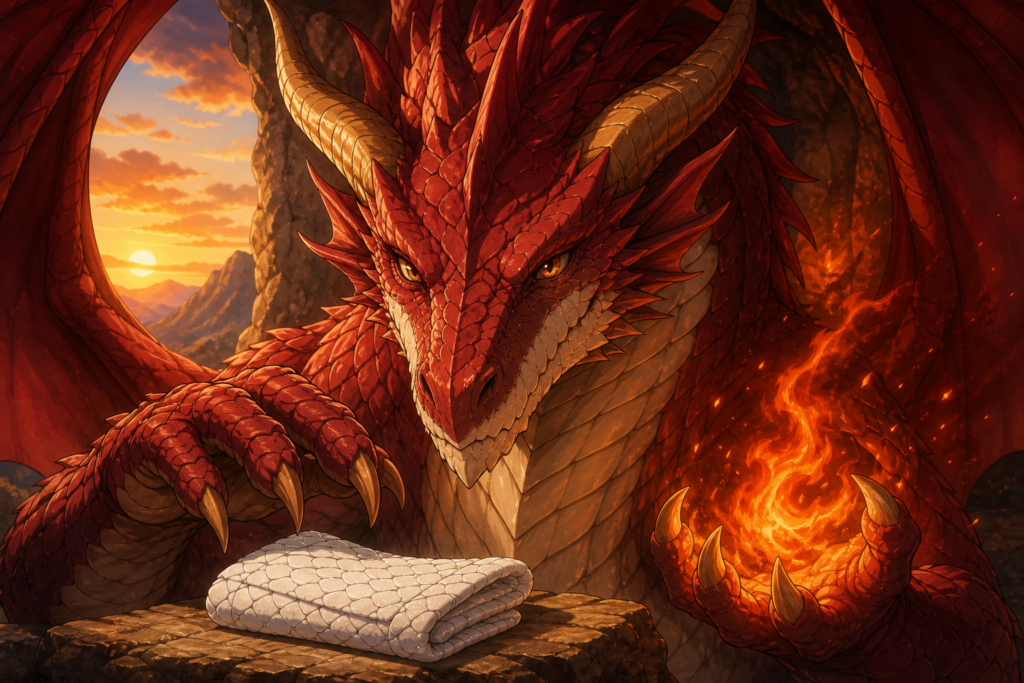 Igneel shelters a folded white dragon-scale scarf while holding controlled fire in original Fairy Tail character-profile fan art