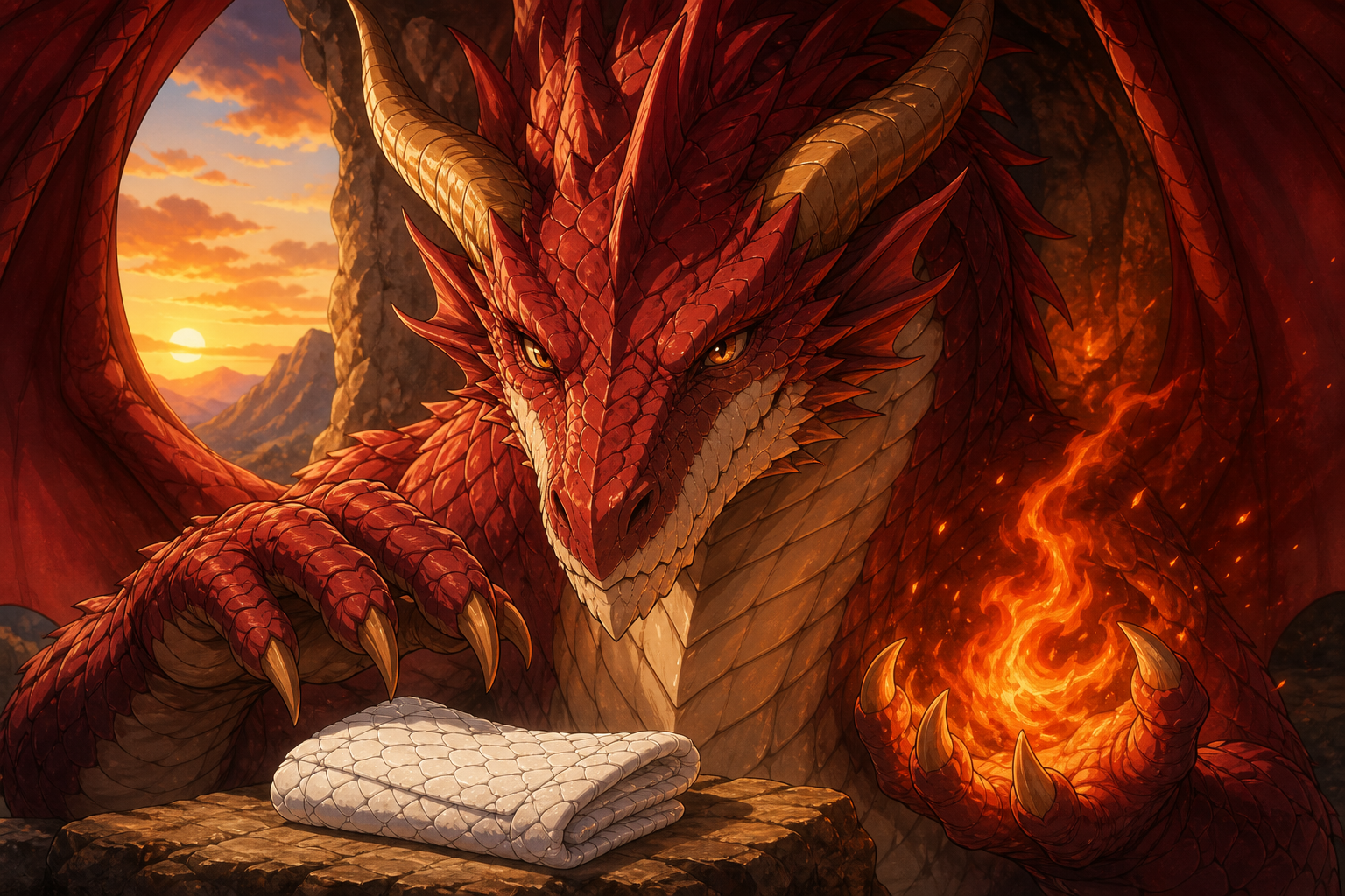 Igneel shelters a folded white dragon-scale scarf while holding controlled fire in original Fairy Tail character-profile fan art