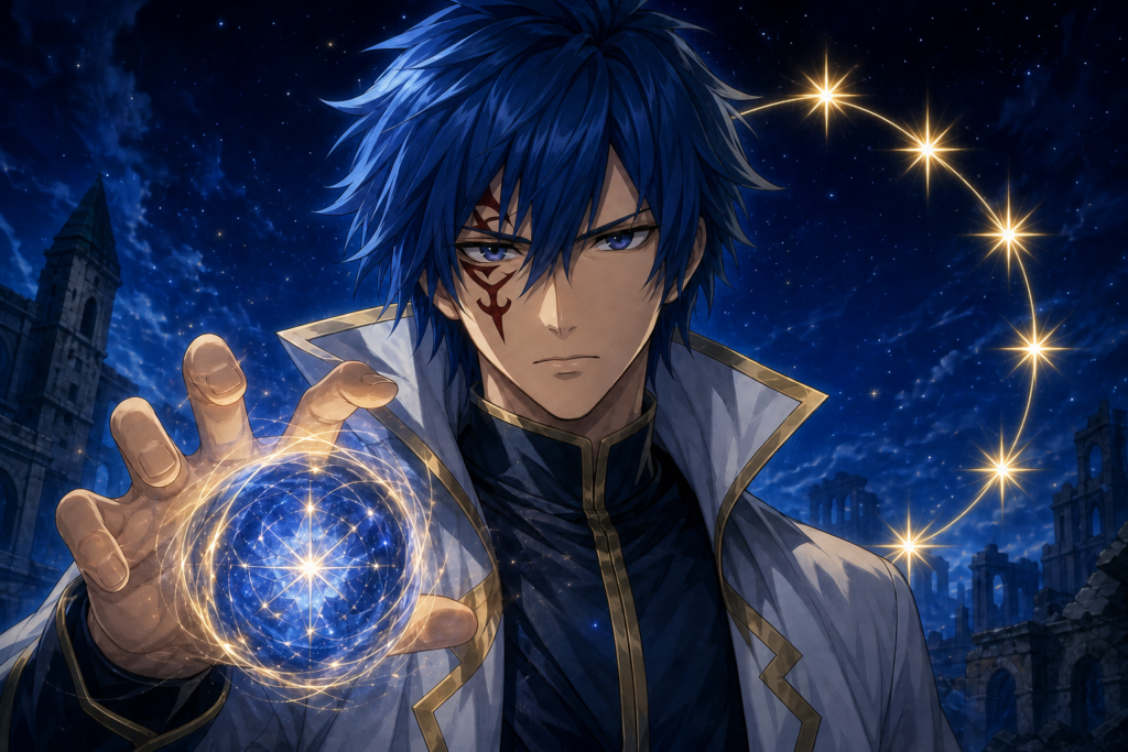 Jellal Fernandes casts Heavenly Body Magic among Tower ruins