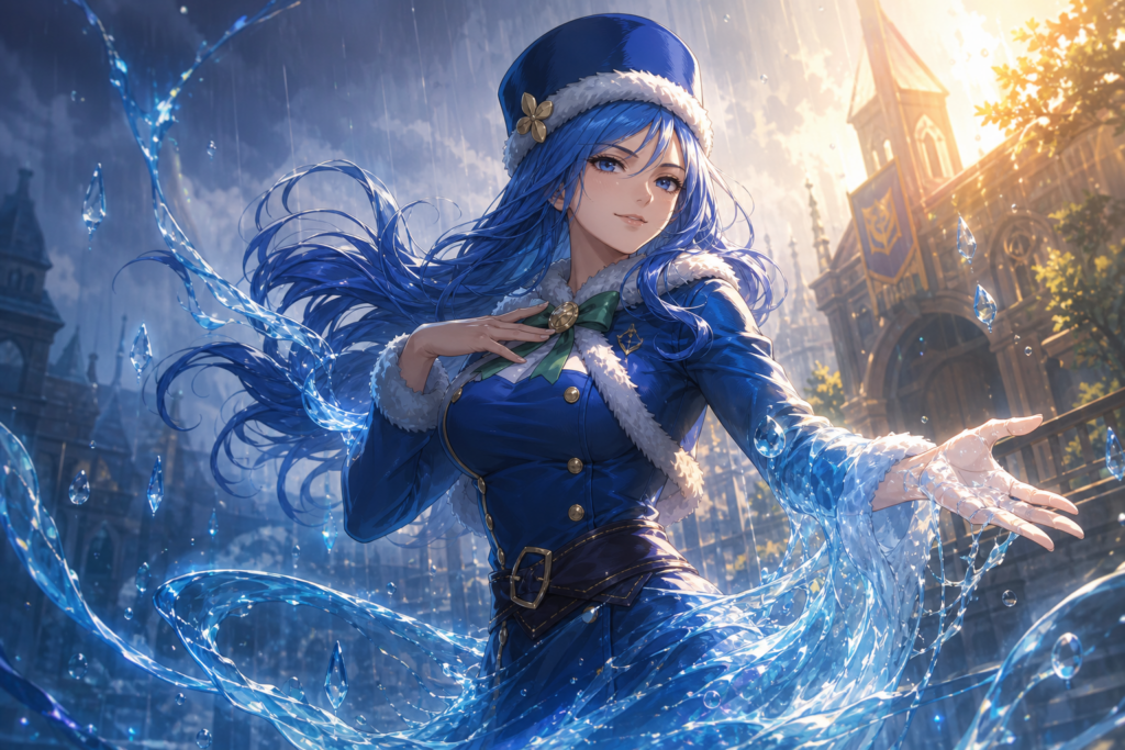 Juvia Lockser shapes water around her hands in the rain