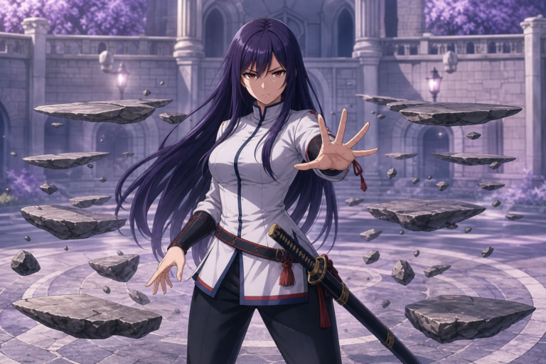 Kagura Mikazuchi uses Gravity Change beside her sheathed sword Archenemy in original Fairy Tail fan art